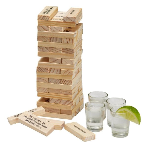 Twos Company 51812 Stumbling Blocks 4 Shot Glasses & Wood - 60 Piece 51812